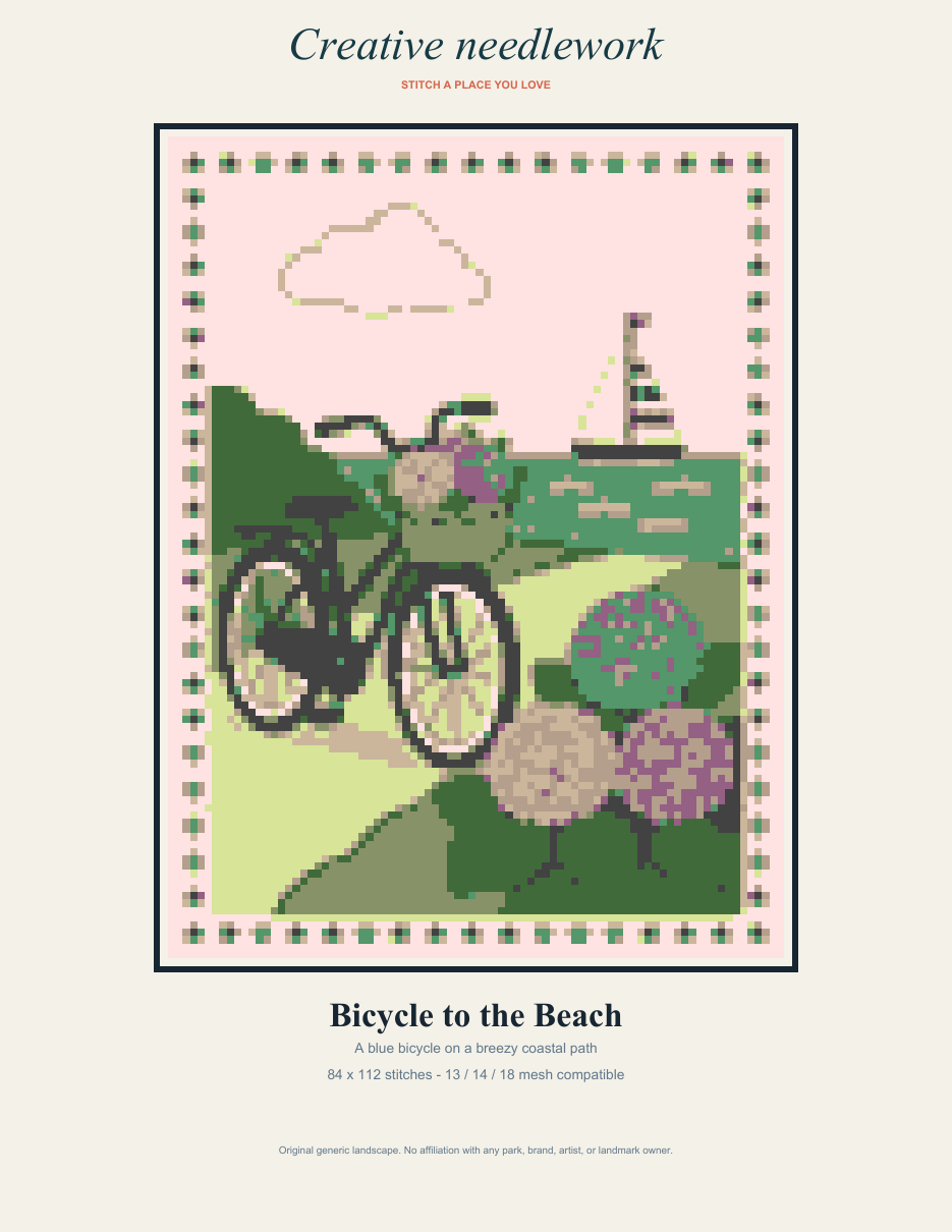 Bicycle to the Beach landscape embroidery needlepoint pattern PDF cover