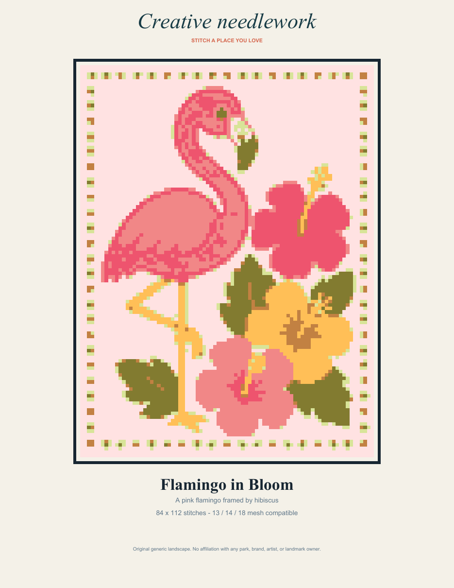 Flamingo Bloom animal embroidery needlepoint pattern PDF cover