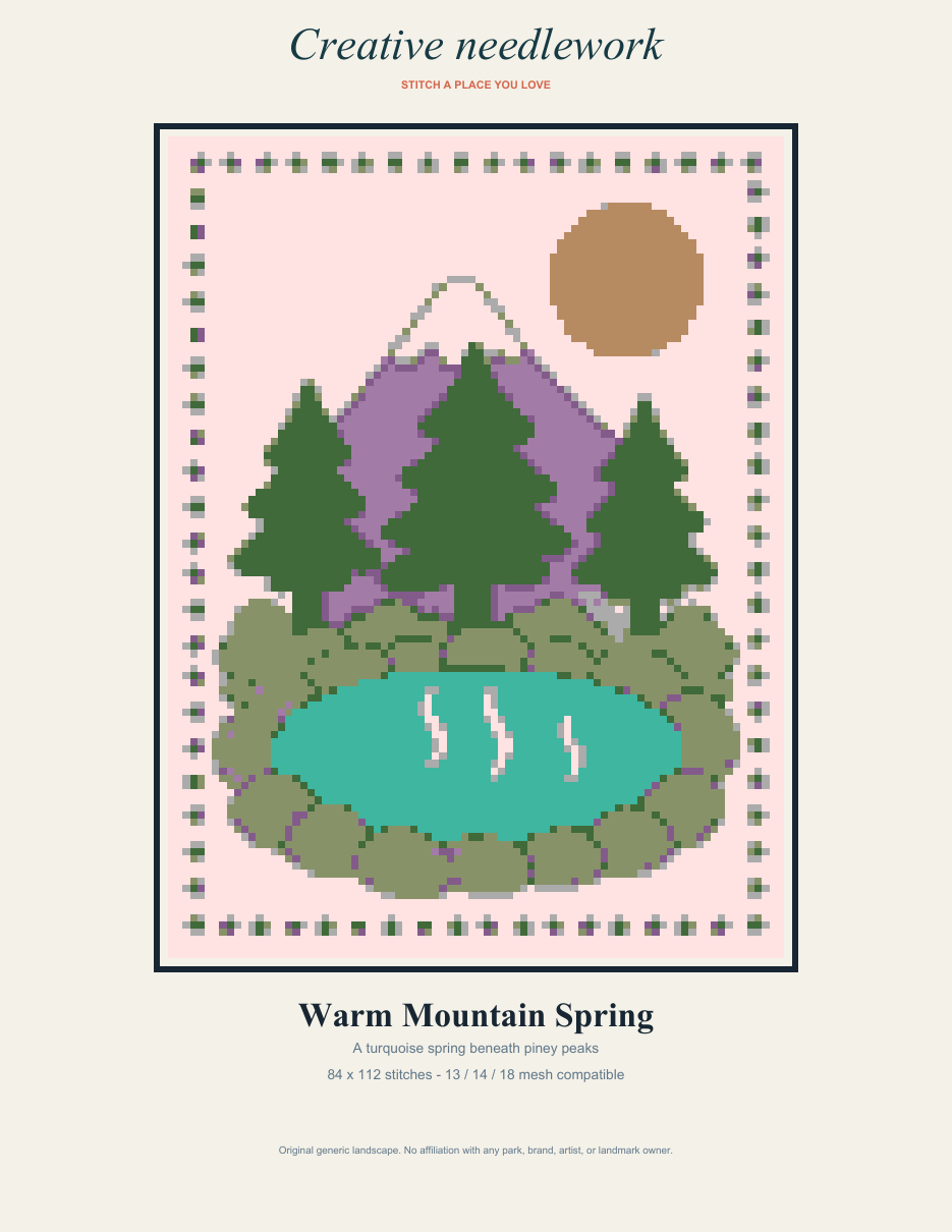 Warm Mountain Spring landscape embroidery needlepoint pattern PDF cover