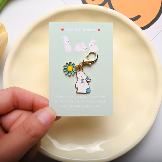 Pocket Bunny Keychain – Cute Rabbit Daisy Bag Charm with “Pocket Hug” Card | Alloy