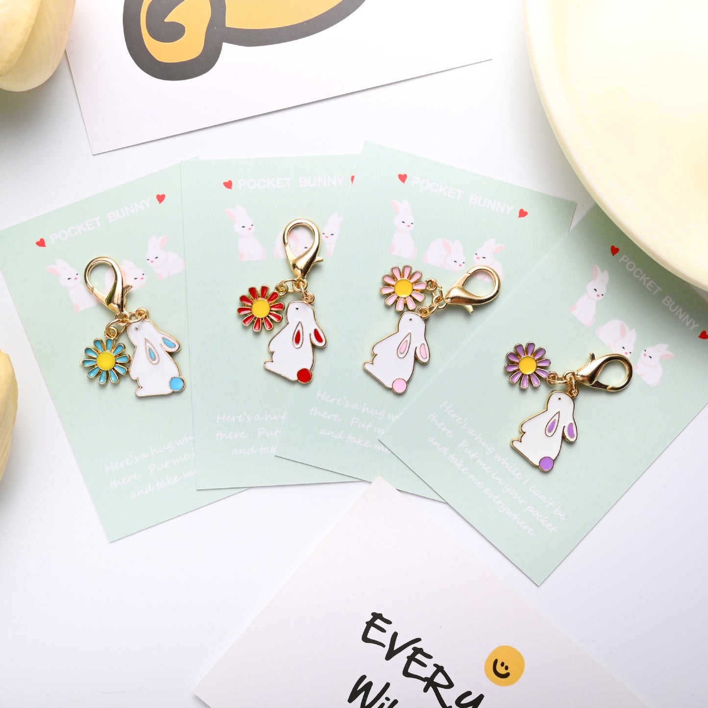 Pocket Bunny Keychain – Cute Rabbit Daisy Bag Charm with “Pocket Hug” Card | Alloy