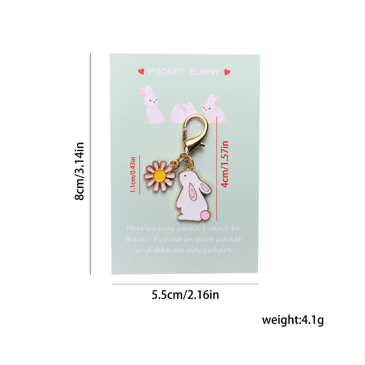 Pocket Bunny Keychain – Cute Rabbit Daisy Bag Charm with “Pocket Hug” Card | Alloy