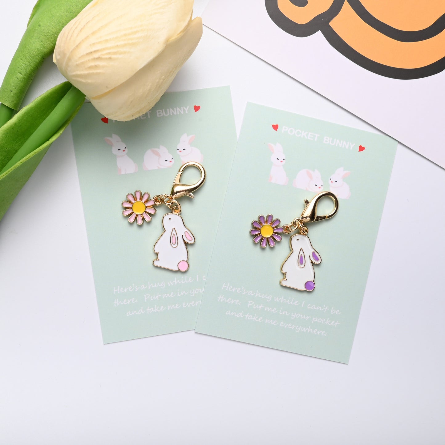 Pocket Bunny Keychain – Cute Rabbit Daisy Bag Charm with “Pocket Hug” Card | Alloy