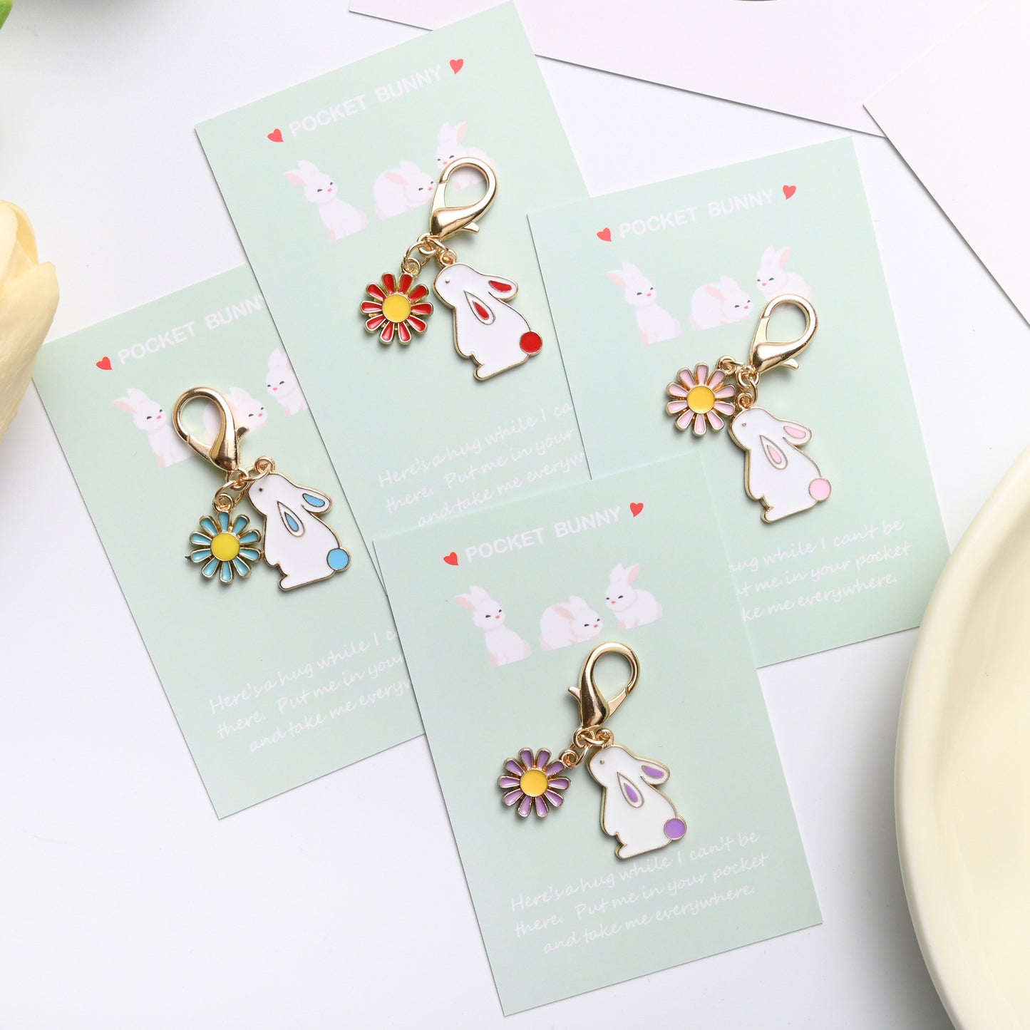 Pocket Bunny Keychain – Cute Rabbit Daisy Bag Charm with “Pocket Hug” Card | Alloy