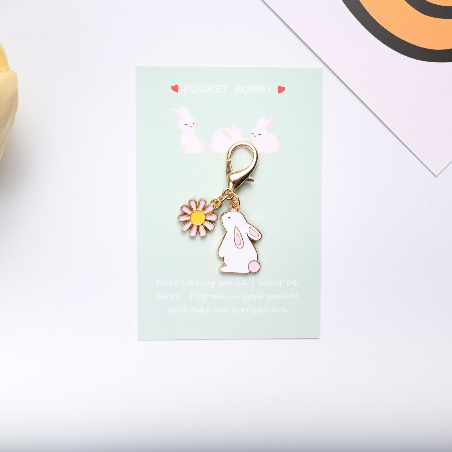 Pocket Bunny Keychain – Cute Rabbit Daisy Bag Charm with “Pocket Hug” Card | Alloy