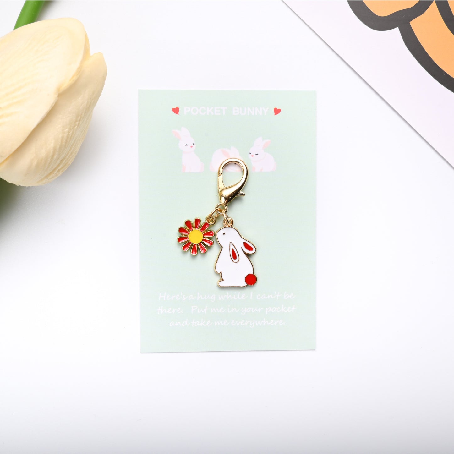 Pocket Bunny Keychain – Cute Rabbit Daisy Bag Charm with “Pocket Hug” Card | Alloy