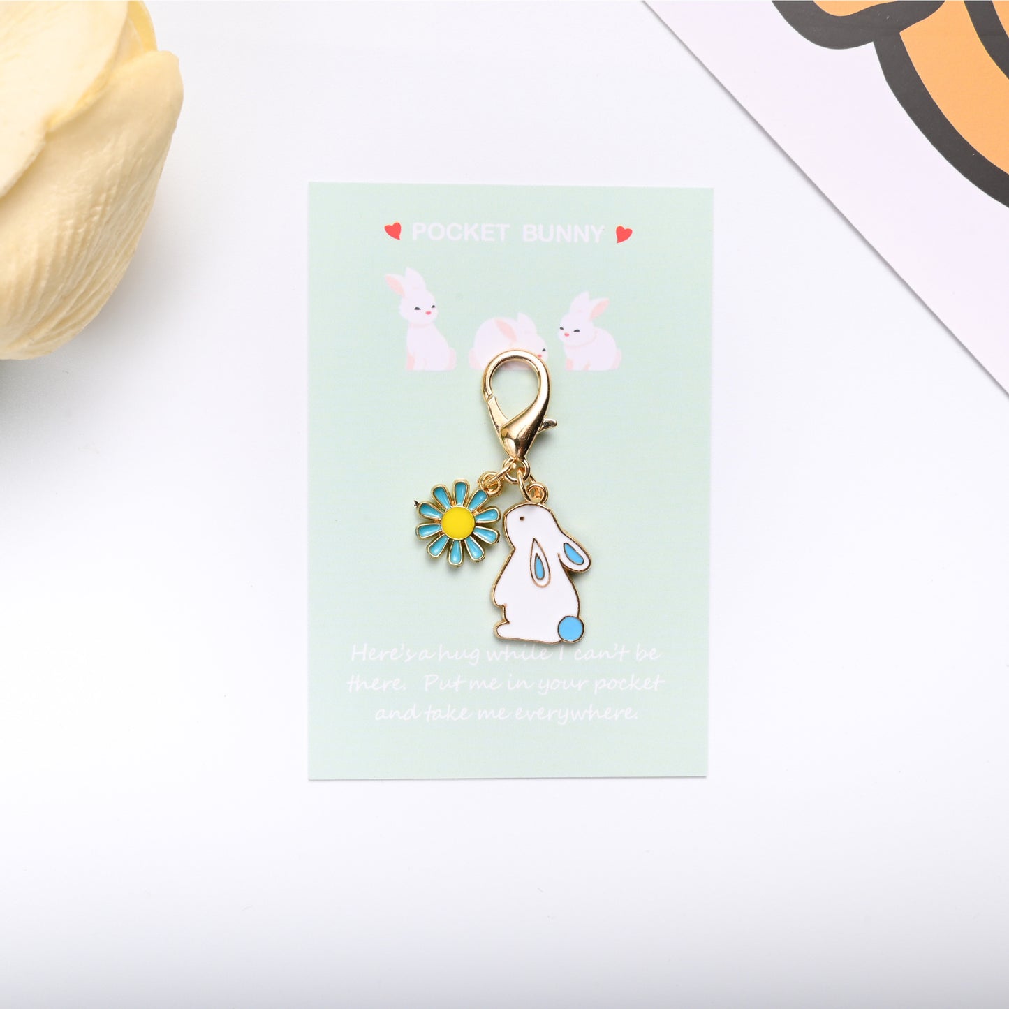 Pocket Bunny Keychain – Cute Rabbit Daisy Bag Charm with “Pocket Hug” Card | Alloy