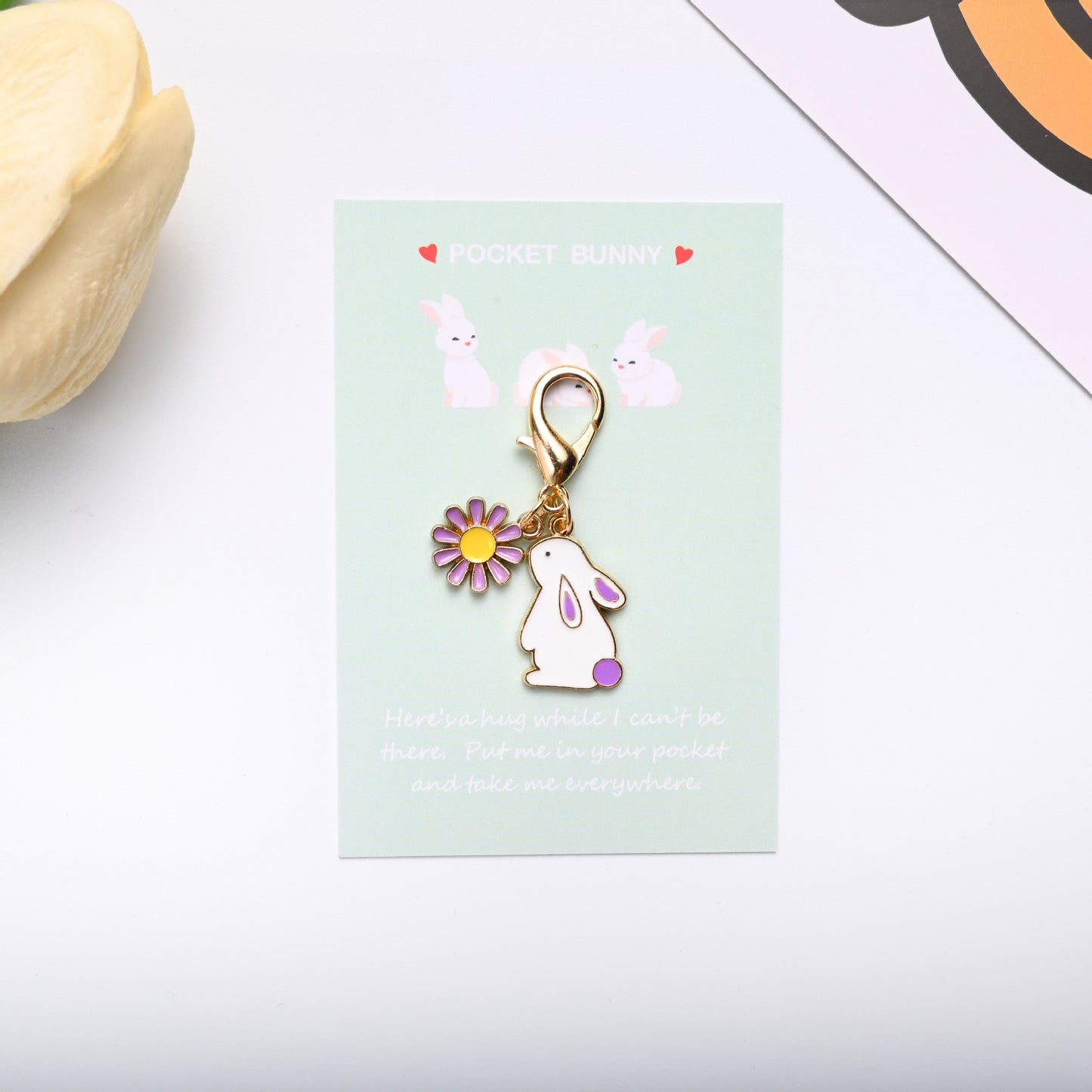 Pocket Bunny Keychain – Cute Rabbit Daisy Bag Charm with “Pocket Hug” Card | Alloy