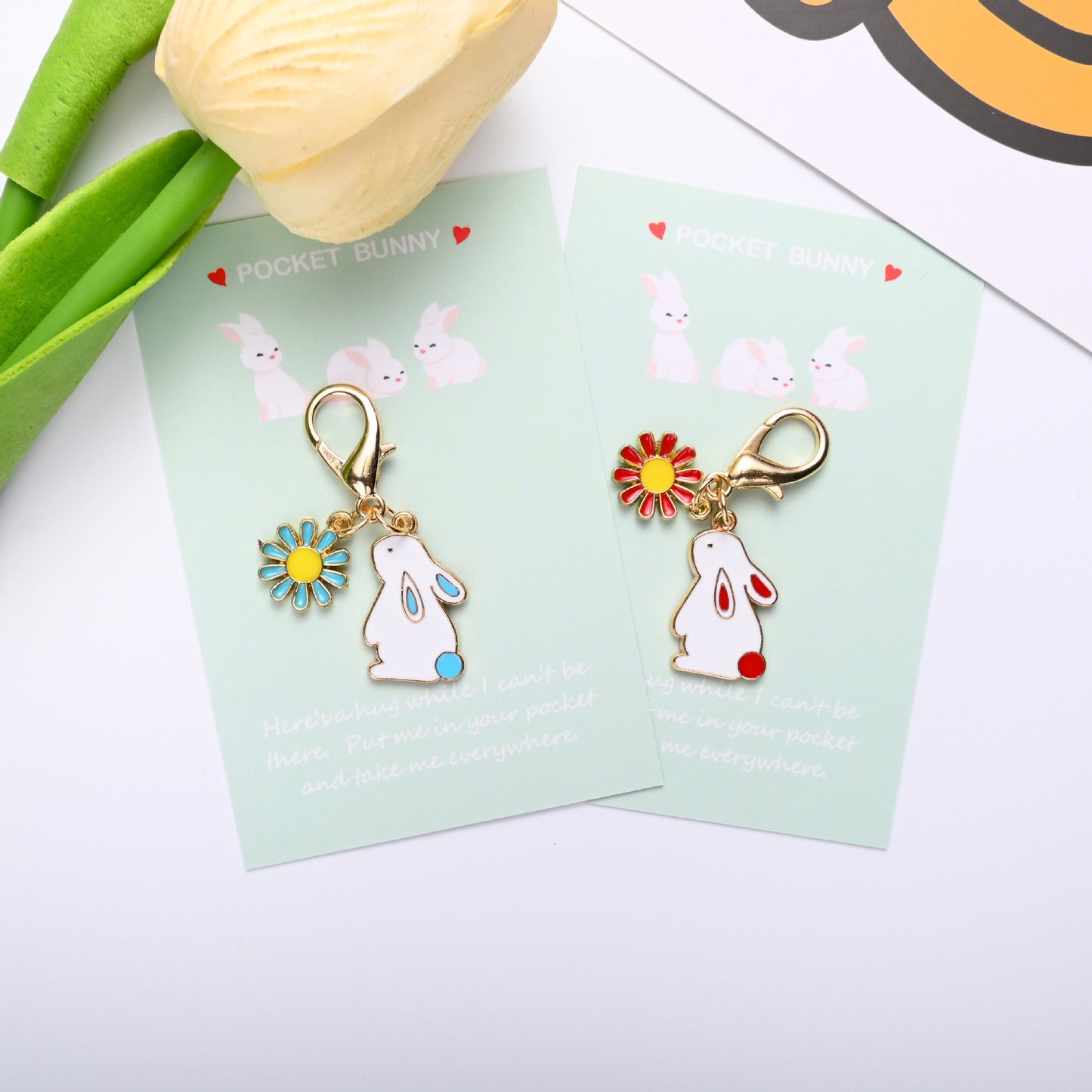 Pocket Bunny Keychain – Cute Rabbit Daisy Bag Charm with “Pocket Hug” Card | Alloy