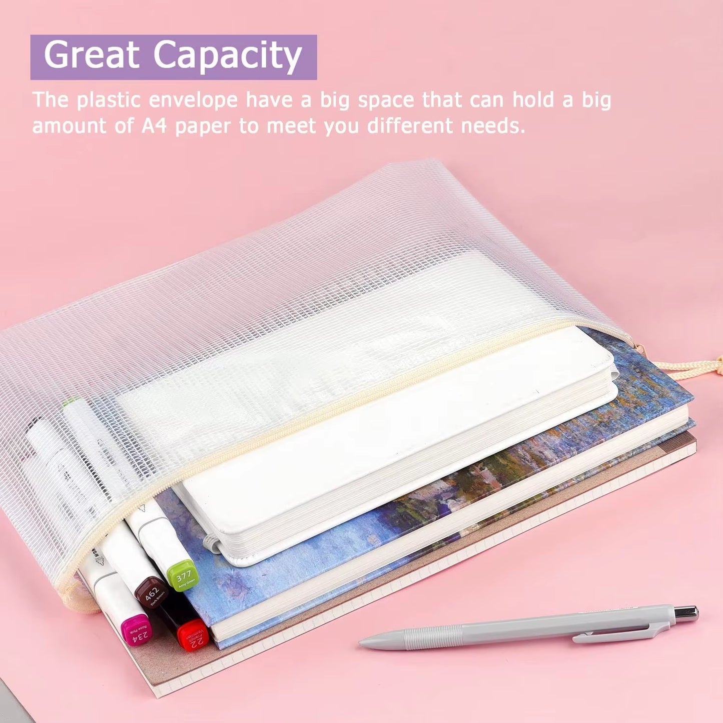 Waterproof PVC Mesh Zipper File Bag — Letter Size | Reusable Heavy Duty Storage Bag with Hook
