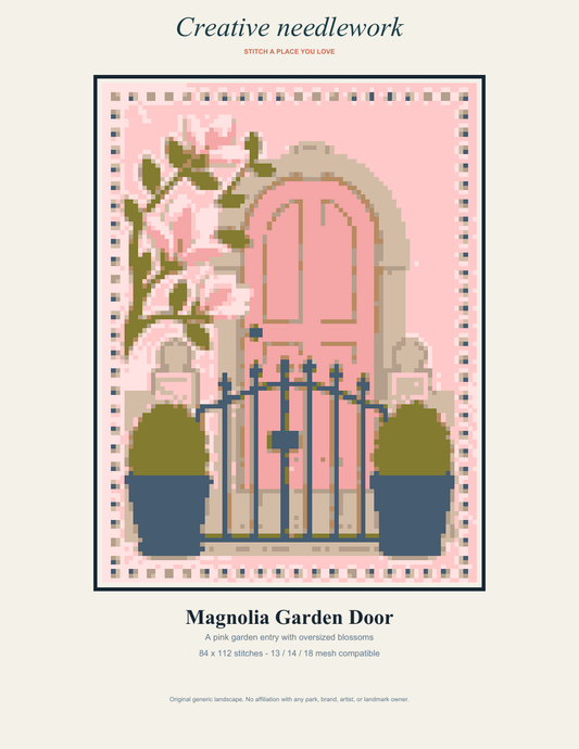 Magnolia Garden Door landscape embroidery needlepoint pattern PDF cover