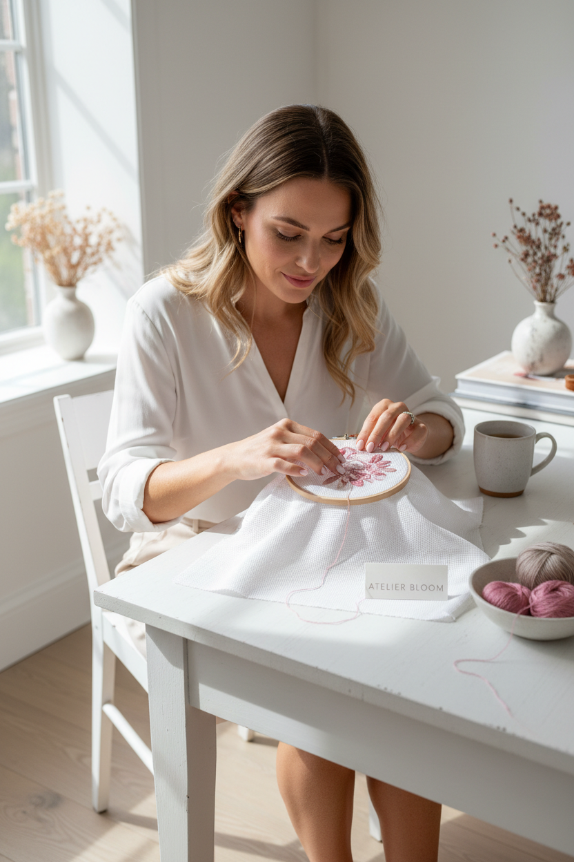 Woman doing fine detail needlepoint on 18 mesh canvas at desk