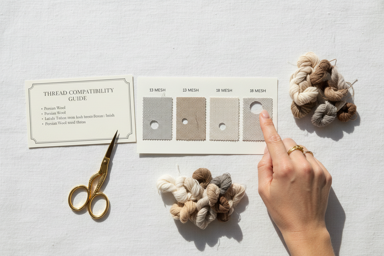 Flat lay comparing 13 mesh and 18 mesh canvas swatches from sample kit