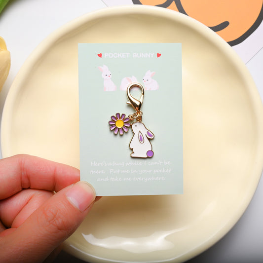 Pocket Bunny Keychain – Cute Rabbit Daisy Bag Charm with “Pocket Hug” Card | Alloy
