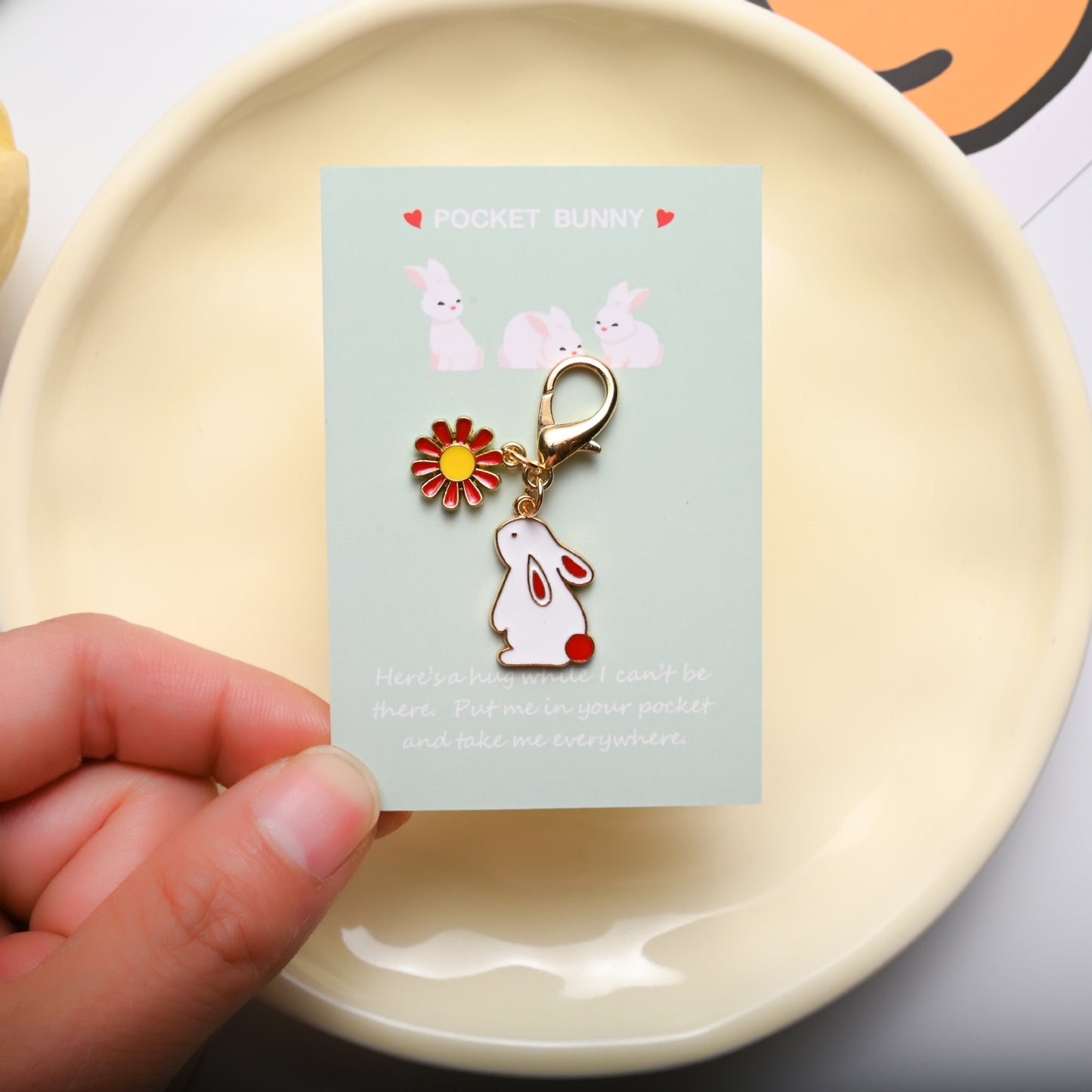 Pocket Bunny Keychain – Cute Rabbit Daisy Bag Charm with “Pocket Hug” Card | Alloy